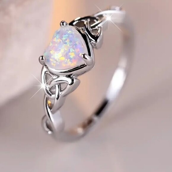 Vintage Inspired Ring Inlaid Shining Opal In Heart Shape Celtic Knot Design - Picture 2 of 5